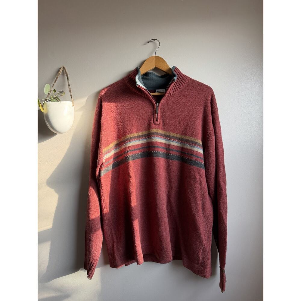 COLUMBIA Sweater Men's L Burnt Red 1/4 Zip Pullover Wool Blend Striped Warm